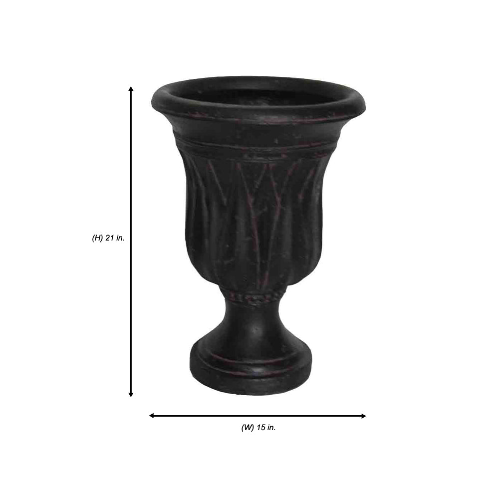 Silo photo of aged charcoal stonecast urn with sharp leaf carving on side with measurements