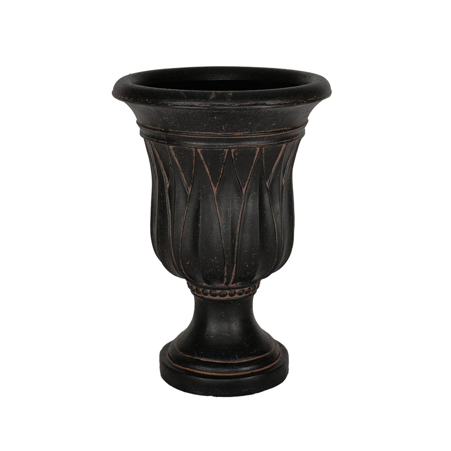 Silo photo of aged charcoal stonecast urn with sharp leaf carving on side