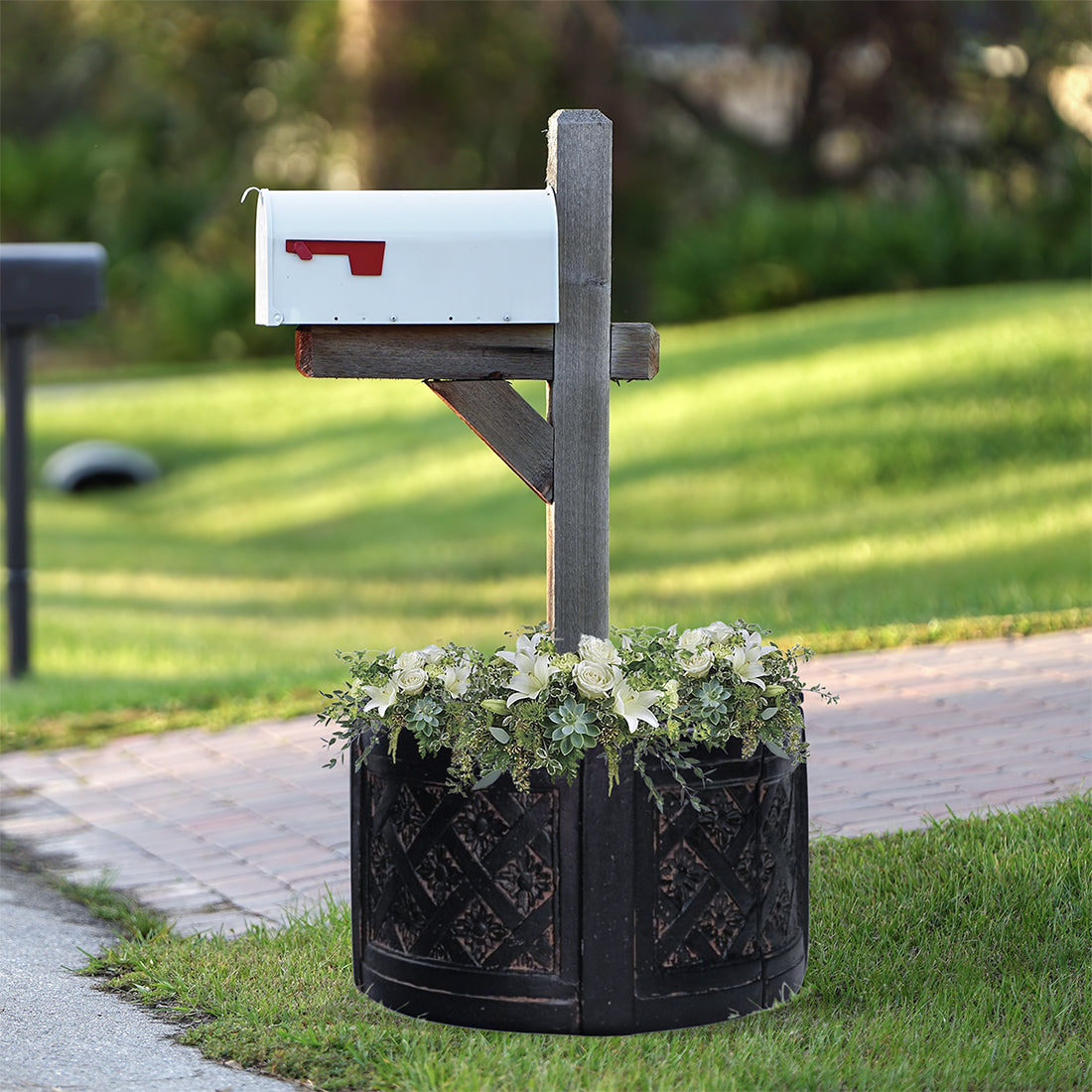 18in Dia Charcoal Cast Stone Mailbox Planter