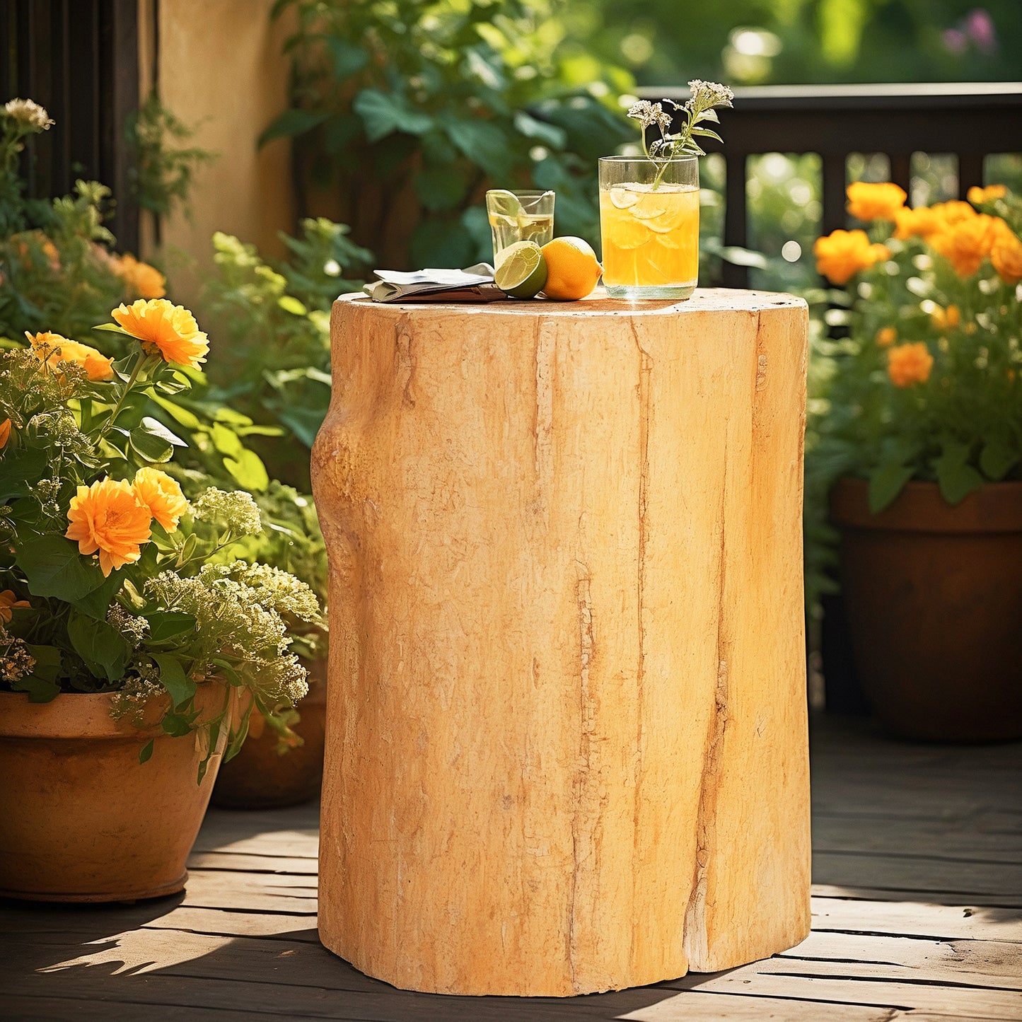 Faux wood stool stump in natural lightwood finish placed in patio setting surrounded by planters with soft light orange rose