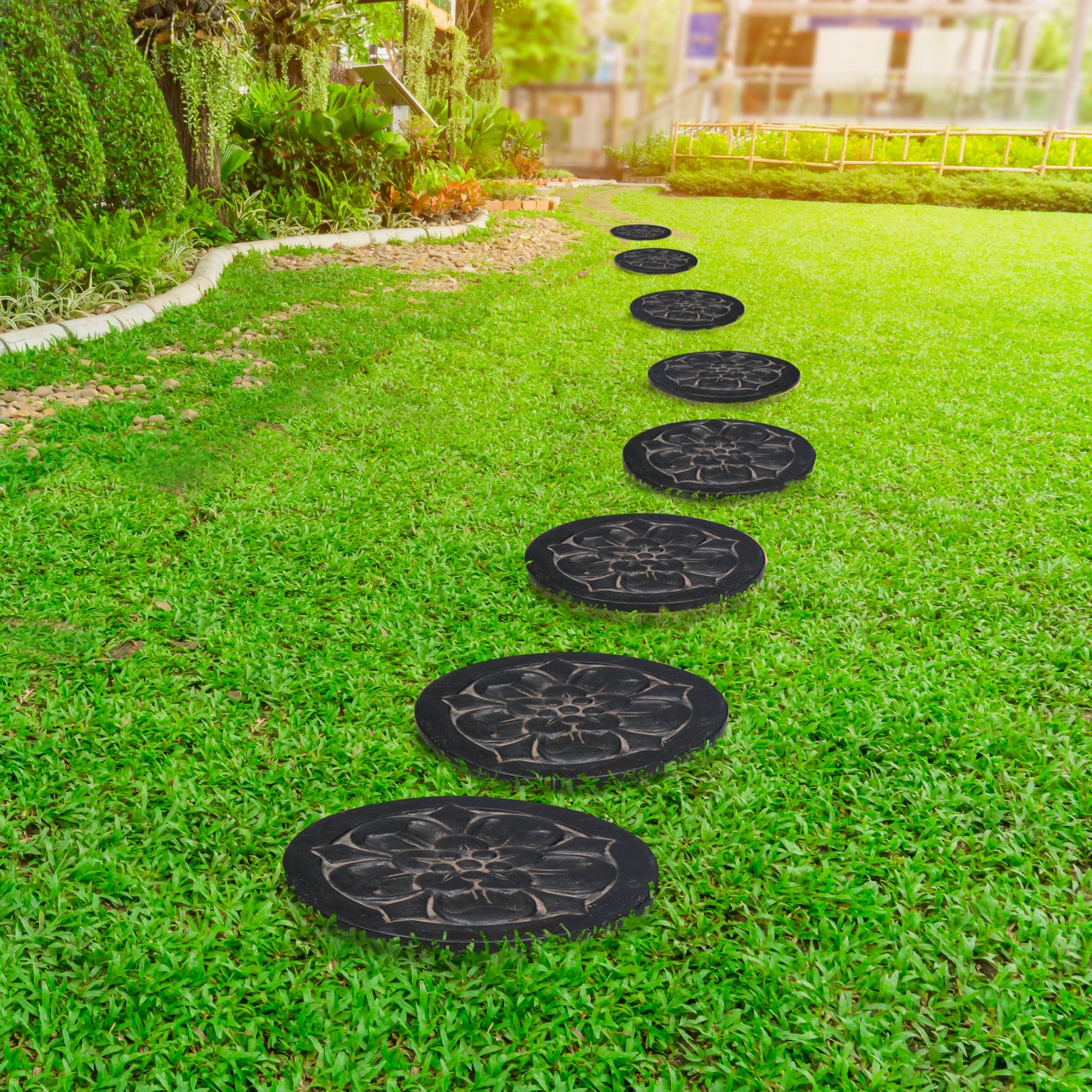 Set of 3 18 in. Round Aged Charcoal Cast Stone Large Floral Step Stone or Wall Plaque