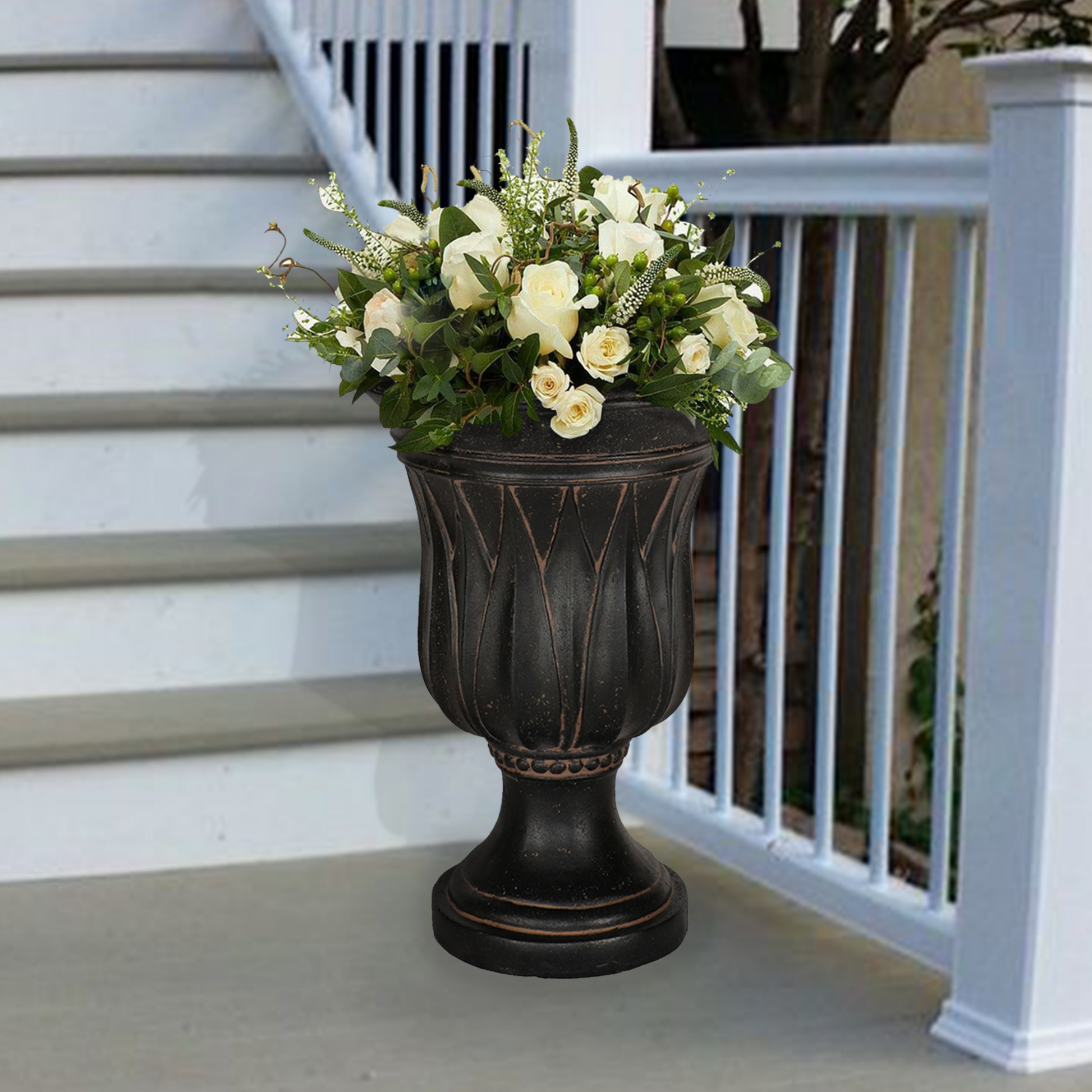 urn plant pot MPG 15 in. x 21 in. Cast Stone Fiberglass Sharp Leaf Urn in Charcoal
