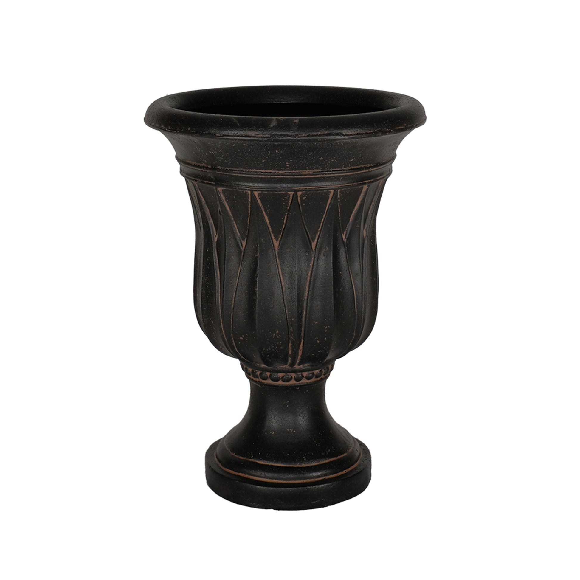 Silo photo of aged charcoal stonecast urn with sharp leaf carving on side
