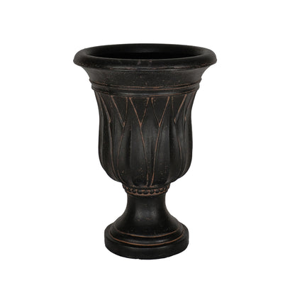 Silo photo of aged charcoal stonecast urn with sharp leaf carving on side