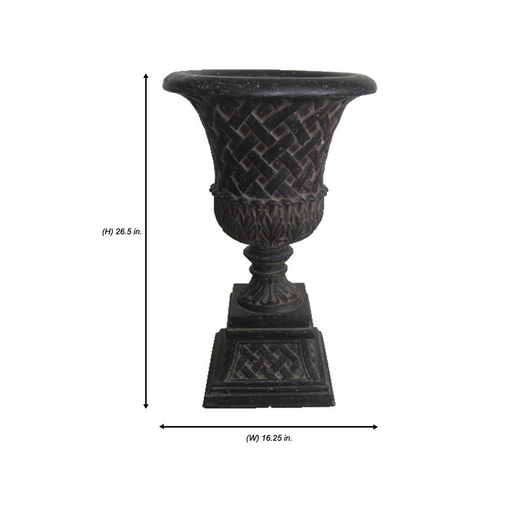 16.25 in. x 26.5 in. Cast Stone Fiberglass Lattice Urn and Pedestal in Aged Charcoal