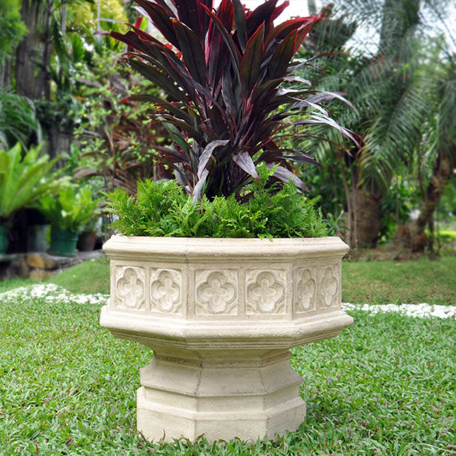 24 in. x 19.5 in. Cast Stone Fiberglass Hexagonal Gothic Urn in Limestone