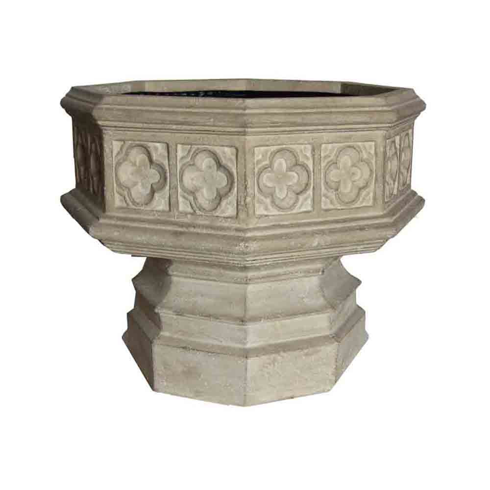 24 in. x 19.5 in. Cast Stone Fiberglass Hexagonal Gothic Urn in Limestone