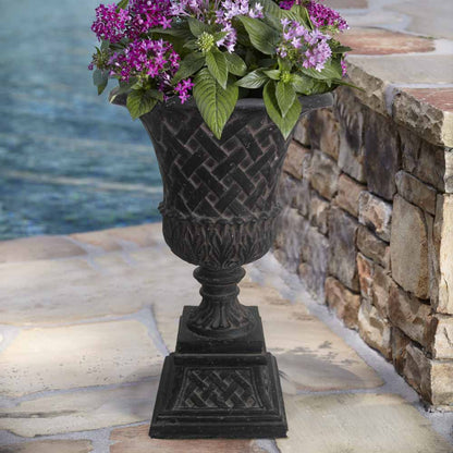 16.25 in. x 26.5 in. Cast Stone Fiberglass Lattice Urn and Pedestal in Aged Charcoal