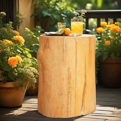 Faux wood stool stump in natural lightwood finish placed in patio setting surrounded by planters with soft light orange rose