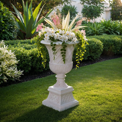 16.25 in. x 26.5 in. Cast Stone Fiberglass Lattice Urn and Pedestal in Aged Charcoal