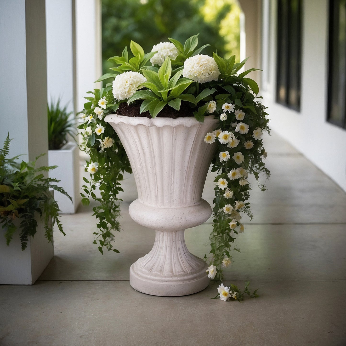 29 in. H Cast Stone Fiberglass Long Leaf Urn in Light Aged White