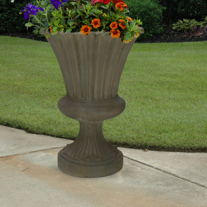 29 in. H Cast Stone Fiberglass Long Leaf Urn in Light Aged White