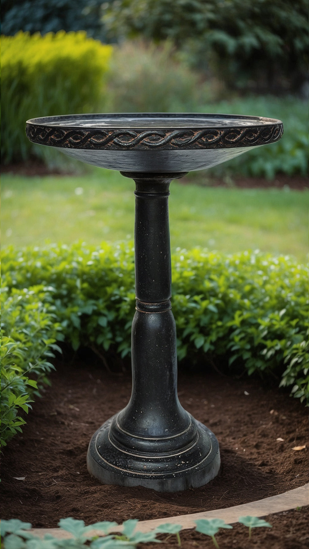 26.5 in. H Cast Stone Aged Charcoal Birdbath