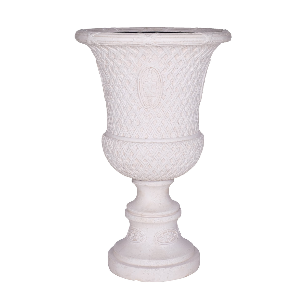 18 in. L x 18 in. W x 28 in. H Light Aged White Cast Stone Lattice Banded Urn