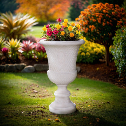 18 in. L x 18 in. W x 28 in. H Light Aged White Cast Stone Lattice Banded Urn