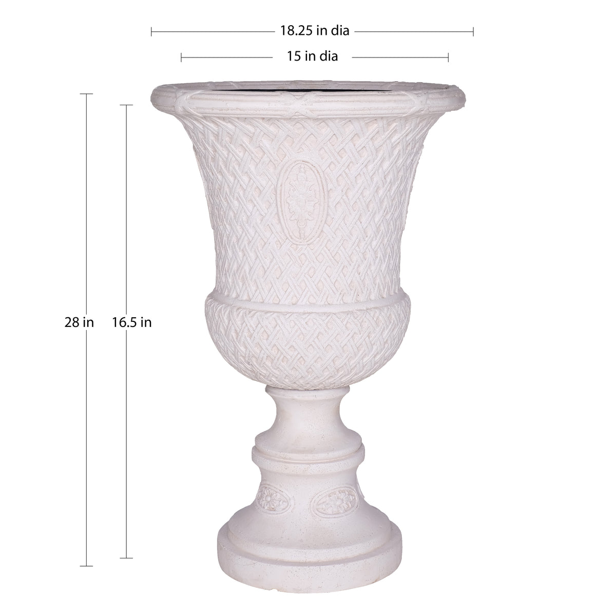 18 in. L x 18 in. W x 28 in. H Light Aged White Cast Stone Lattice Banded Urn