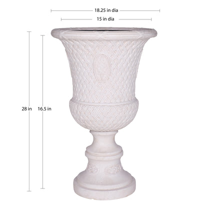 18 in. L x 18 in. W x 28 in. H Light Aged White Cast Stone Lattice Banded Urn