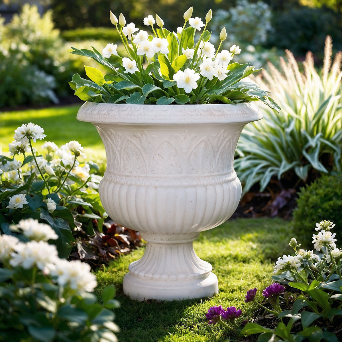 Elegant 18-Inch Faux Iron Urn in Light Aged White for Timeless Garden Decor