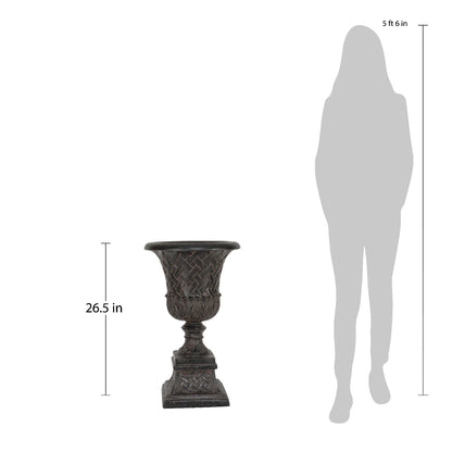 16.25 in. x 26.5 in. Cast Stone Fiberglass Lattice Urn and Pedestal in Aged Charcoal