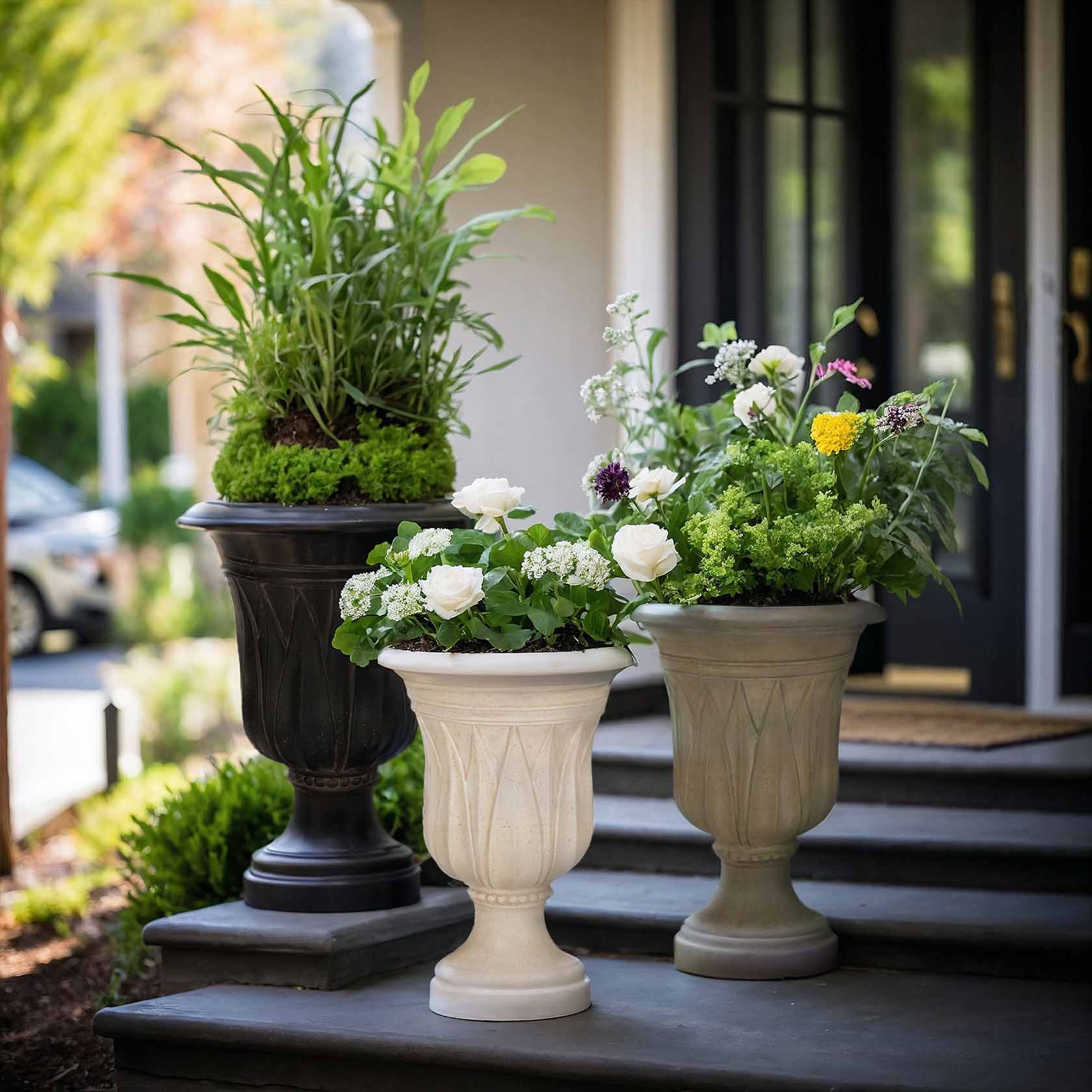 3 stonecast urns in 3 different finishes in front of a house entrance