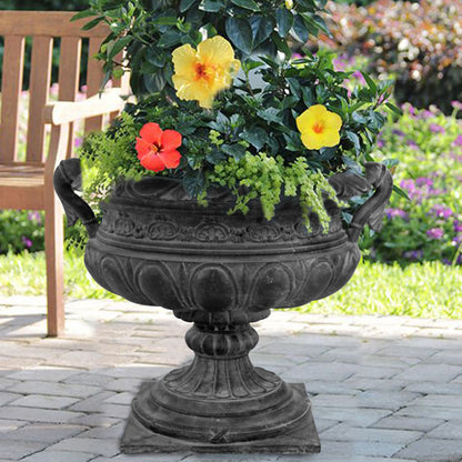 19.25 in. H Aged Charcoal Finish Stone Urn with Handles