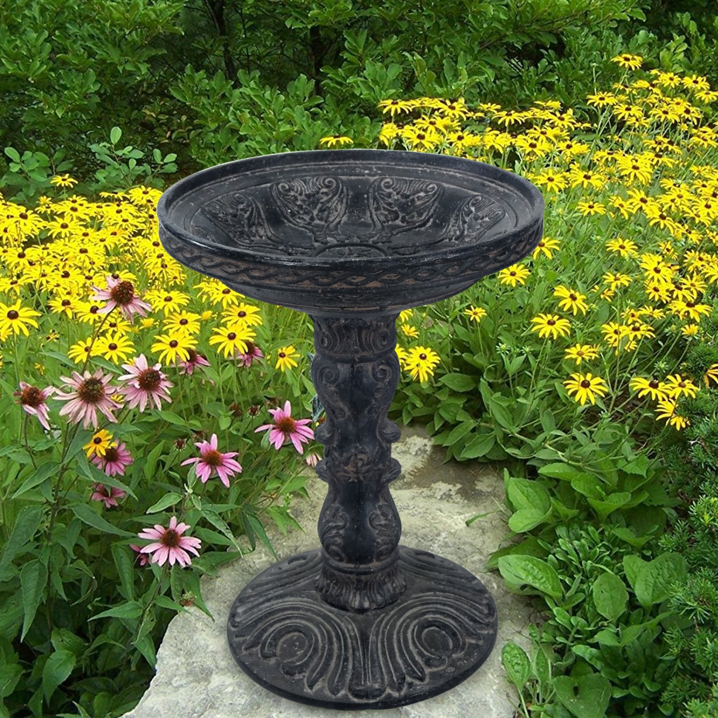 26.5 in. H Cast Stone Fiberglass Rose Aged Charcoal Finish Birdbath